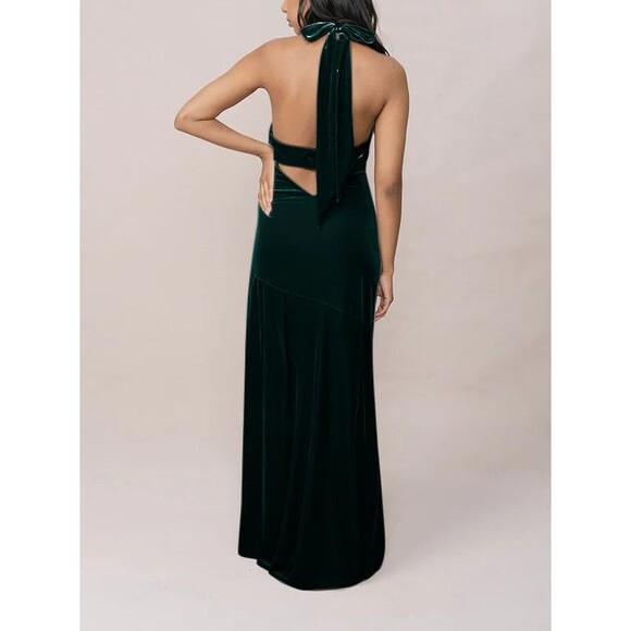 Revelry Atherna Velvet Halter Gown Size 4 Green Open Back Maxi Formal Dress Prom - Picture 2 of 11